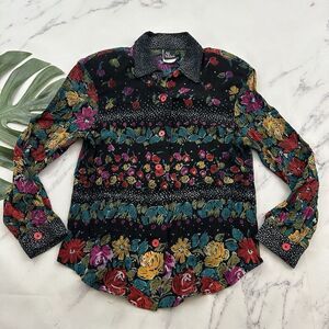 Ali Miles Womens Vintage 90s Crinkle Top Size 10 Black Purple Mixed Floral